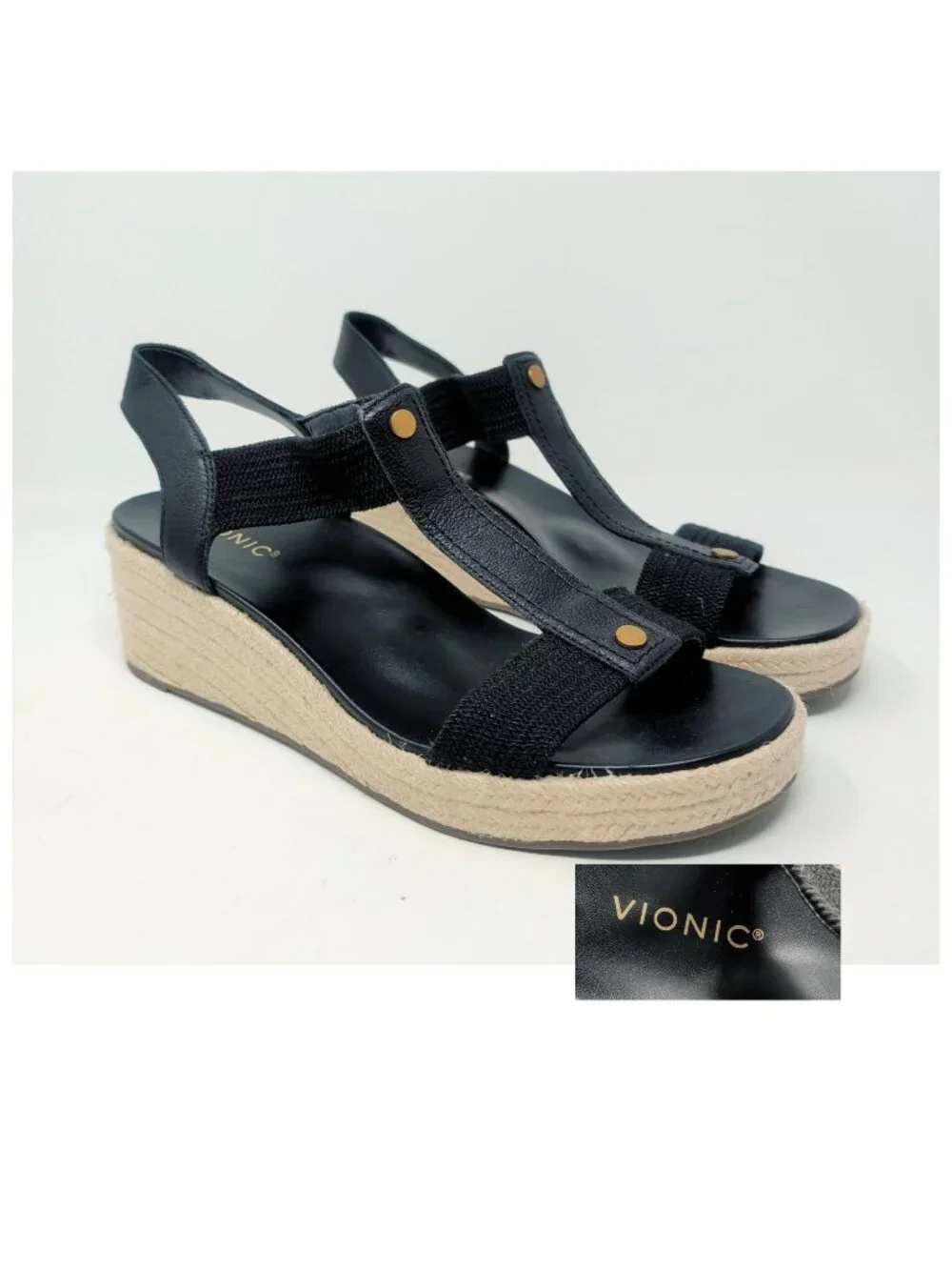 Vionic Espadrilles 12 Black Leather Wedge Platform Calera